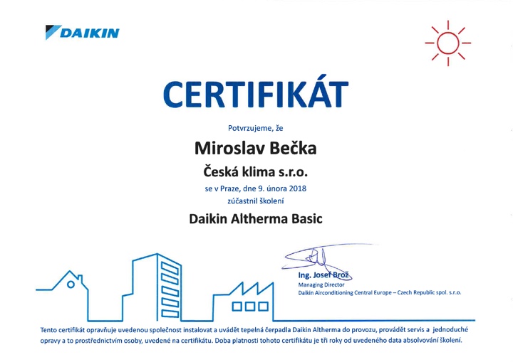 Certifikát společnosti Daikin