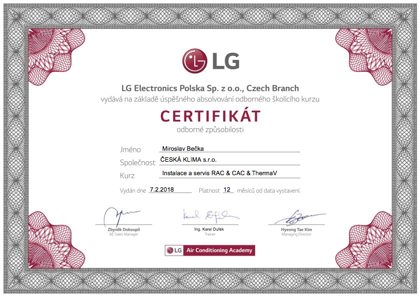 Certifikát společnosti LG